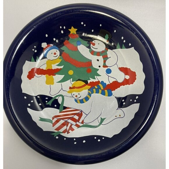 Vintage Lillian Vernon 1992 Cobalt Blue Ceramic Snowman Dessert Salad Plates 8” - Picture 2 of 12